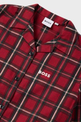 Kids' shirt dress in checked cotton with logo print, Dark Red
