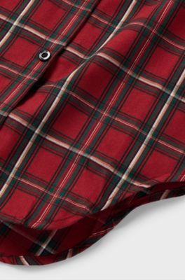Kids' shirt dress in checked cotton with logo print, Dark Red