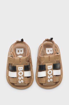 Baby sandals in leather with contrast logo, Brown