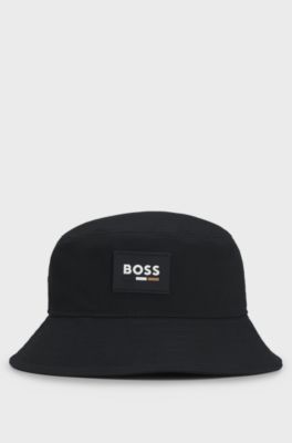Kids' bucket hat in cotton with rubber logo badge, Black