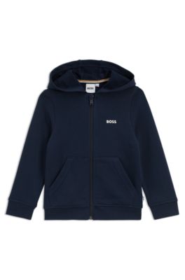 Barnhoodie i bomullsblandad fleece med tryckt logga, M&ouml;rkbl&aring;