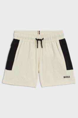 Kids' swim shorts in seersucker fabric with logo print, Light Beige