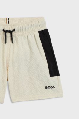 Kids' swim shorts in seersucker fabric with logo print, Light Beige
