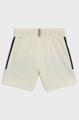 Kids' swim shorts in seersucker fabric with logo print, Light Beige