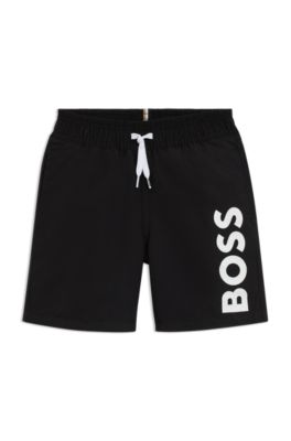 Kids' swim shorts in peached fabric with logo print, Black