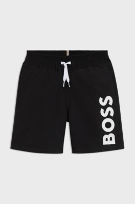 Kids' swim shorts in peached fabric with logo print, Black