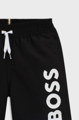 Kids' swim shorts in peached fabric with logo print, Black