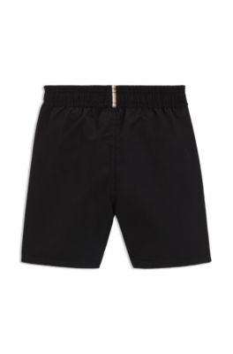 Kids' swim shorts in peached fabric with logo print, Black