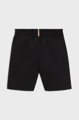 Kids' swim shorts in peached fabric with logo print, Black