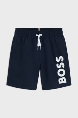 Kids' swim shorts in peached fabric with logo print, Dark Blue