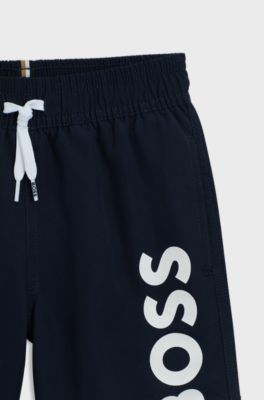 Kids' swim shorts in peached fabric with logo print, Dark Blue