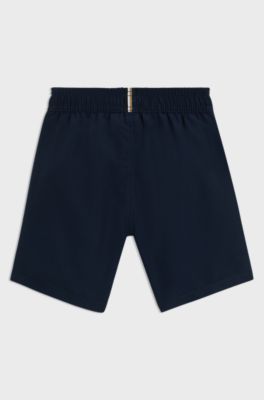 Kids' swim shorts in peached fabric with logo print, Dark Blue