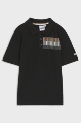 Polo per bambini in cotone elasticizzato con righe tipiche del marchio, Nero