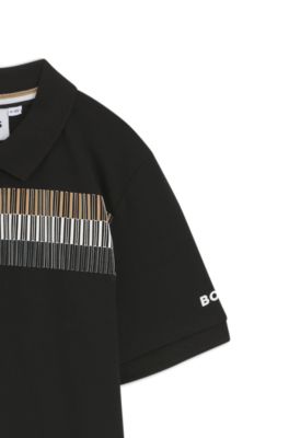 Kids' polo shirt in stretch cotton with signature stripes, Black