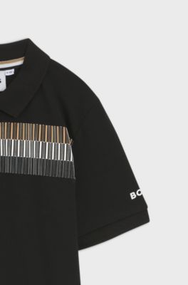 Polo per bambini in cotone elasticizzato con righe tipiche del marchio, Nero