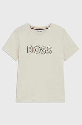 Camiseta slim fit de algod&oacute;n para ni&ntilde;os con logo estampado, Beige claro