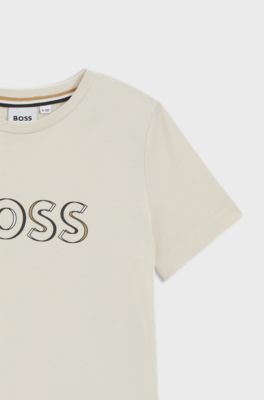 Camiseta slim fit de algod&oacute;n para ni&ntilde;os con logo estampado, Beige claro