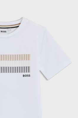 T-shirt slim fit per bambini in cotone con stampa con le righe tipiche del marchio, Bianco