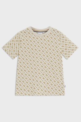 Slim fit T-shirt til b&oslash;rn i bomuld med monogramprint, Lys beige
