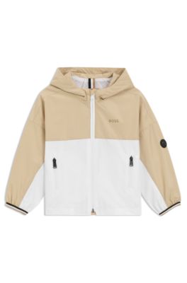 Kids' colour-blocked hooded windbreaker with logo details, Beige