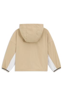 Kids' colour-blocked hooded windbreaker with logo details, Beige