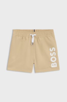 Kids' swim shorts in peached fabric with logo print, Beige