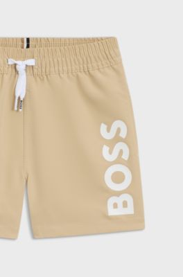 Kids' swim shorts in peached fabric with logo print, Beige