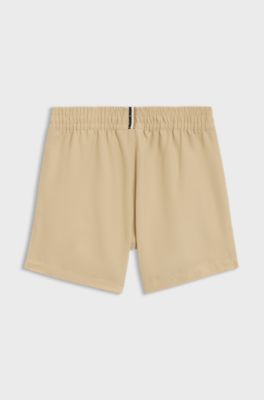 Kids' swim shorts in peached fabric with logo print, Beige