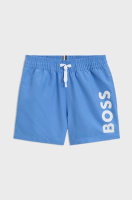 Kids' swim shorts in peached fabric with logo print, Blue