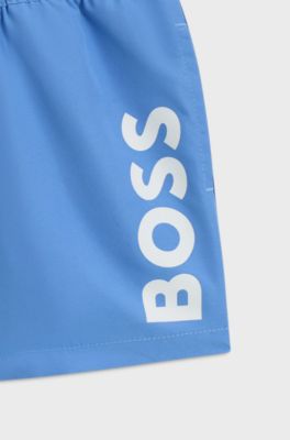 Kids' swim shorts in peached fabric with logo print, Blue