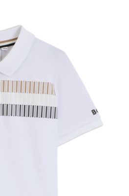 Polo per bambini in cotone elasticizzato con righe tipiche del marchio, Bianco