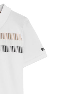 Polo per bambini in cotone elasticizzato con righe tipiche del marchio, Bianco