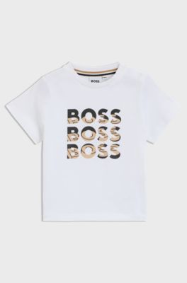 T-shirt voor kinderen van katoen met drievoudig logo met kleurverloop, Wit