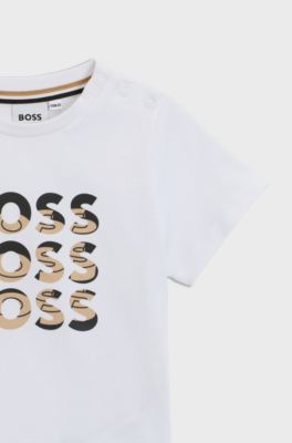 T-shirt voor kinderen van katoen met drievoudig logo met kleurverloop, Wit