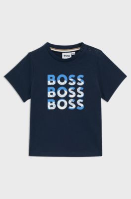 T-shirt voor kinderen van katoen met drievoudig logo met kleurverloop, Donkerblauw