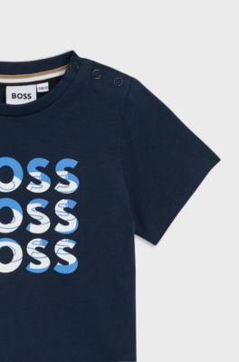 T-shirt per bambini in cotone con logo triplo effetto sfumato, Blu scuro