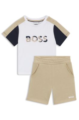 Kids' T-shirt and shorts set in colour-blocked cotton, White