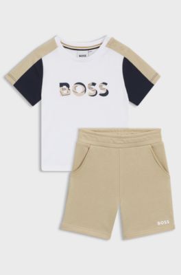 Kids' T-shirt and shorts set in colour-blocked cotton, White
