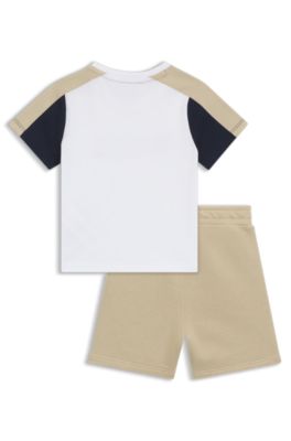Kids' T-shirt and shorts set in colour-blocked cotton, White