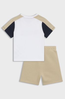 Kids' T-shirt and shorts set in colour-blocked cotton, White