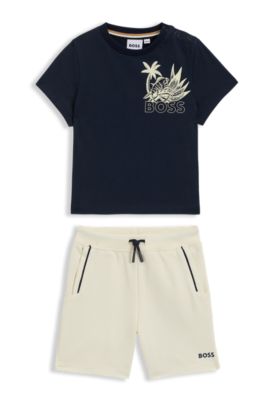 Kids' shorts and T-shirt set with creative artwork, Light Beige