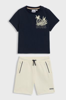Kids' shorts and T-shirt set with creative artwork, Light Beige