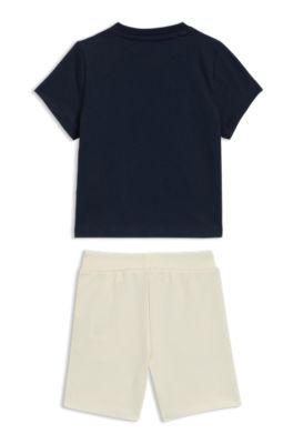 Kids' shorts and T-shirt set with creative artwork, Light Beige