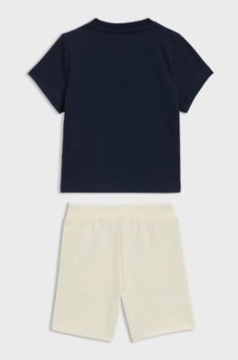 Kids' shorts and T-shirt set with creative artwork, Light Beige