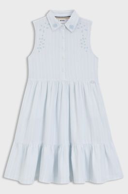 Vestito senza maniche da bambina in misto cotone con pizzo sangallo, Celeste