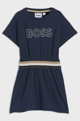 Kids' stretch-cotton dress with embroidered logo, Dark Blue