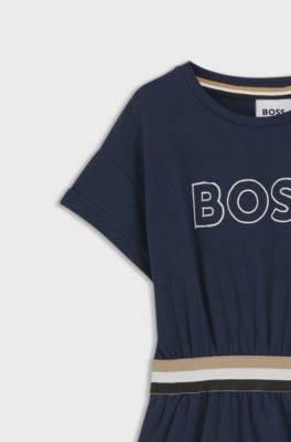 Vestito da bambina in cotone elasticizzato con logo ricamato, Blu scuro