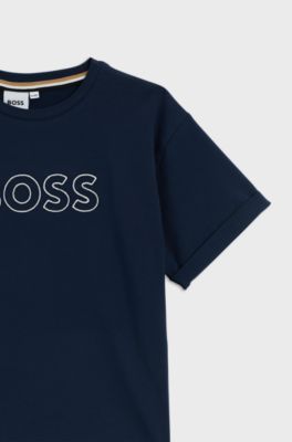 Kinder-T-shirt van stretchkatoen met logostiksel, Donkerblauw