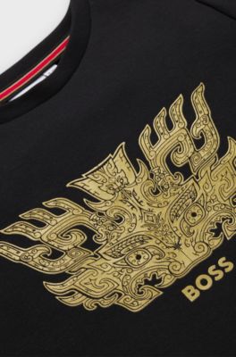 BOSS x Creation of the Gods katoenen T-shirt met Taotie-dessin, Zwart