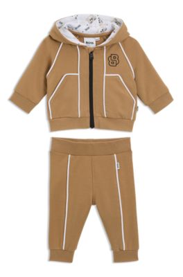 Baby tracksuit in stretch cotton with monogram details, Brown